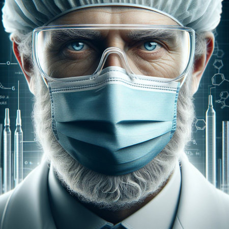 Close-up portrait of senior scientist wearing protective mask. Research concept.の素材