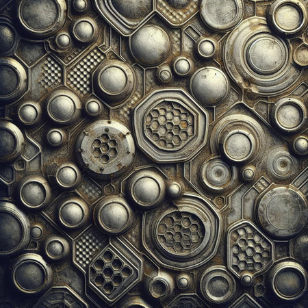 Abstract metal background with rivets and hexagons. 3d illustrationの素材