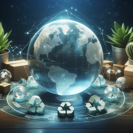 Globe with recycle symbol and cardboard boxes on wooden table. 3D renderingの素材