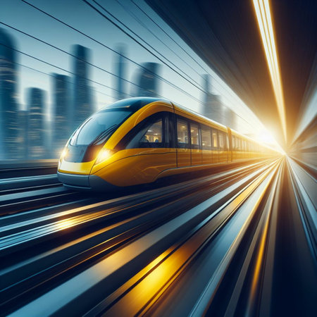 High speed train with motion blur on the city background. 3d renderingの素材
