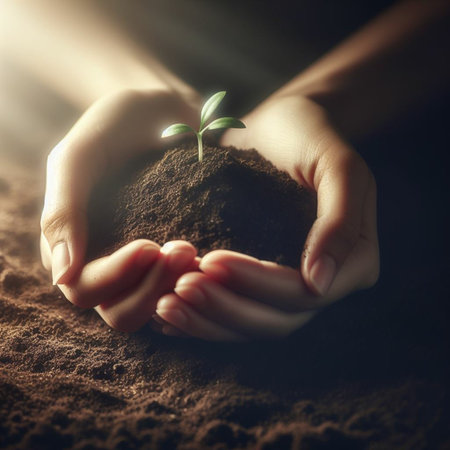 Human hands holding a small green plant growing in the soil, conceptual imageの素材