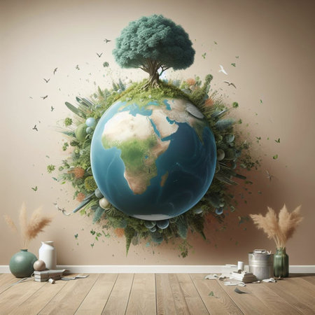 Ecology concept. Earth planet in interior. 3D illustration.の素材