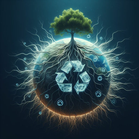 Ecology concept. Earth planet with green tree and recycling symbol. 3D renderingの素材
