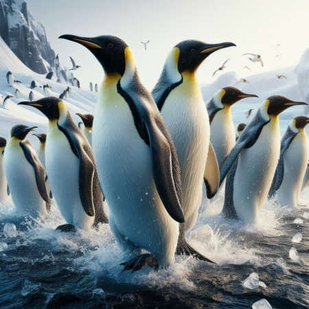 Group of king penguins on icebergs in Antarctica. 3d renderingの素材
