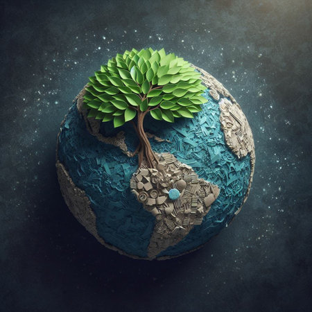 Planet Earth with tree made of green leaves on dark background. Ecology conceptの素材