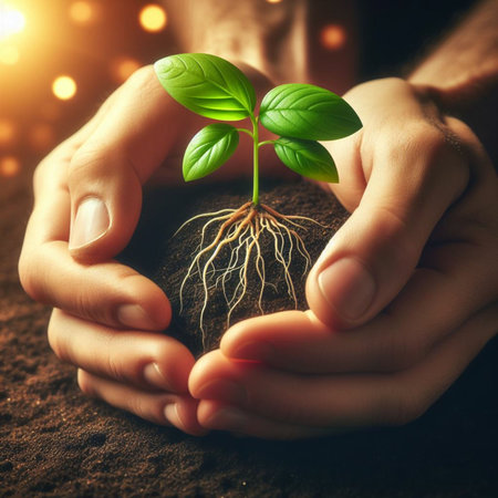 Hands holding green plant with roots over brown background. Ecology conceptの素材