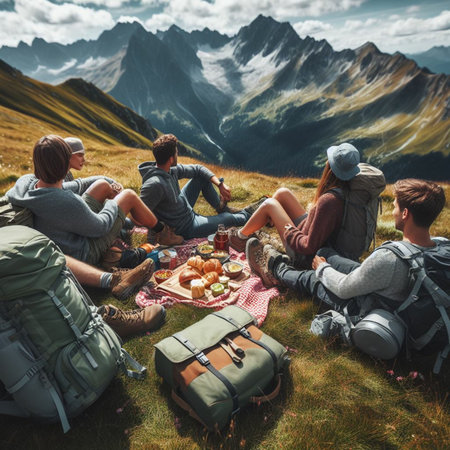 Group of friends having picnic in the mountains. Hiking concept.の素材
