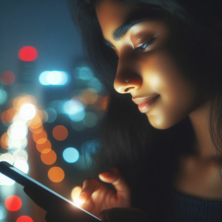 beautiful young woman using smartphone in the city at night, closeupの素材