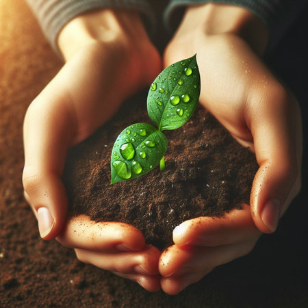 Hands holding green sprout with water drops. Earth day conceptの素材