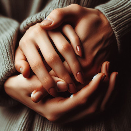 Hands of a girl in a knitted sweater on a dark backgroundの素材