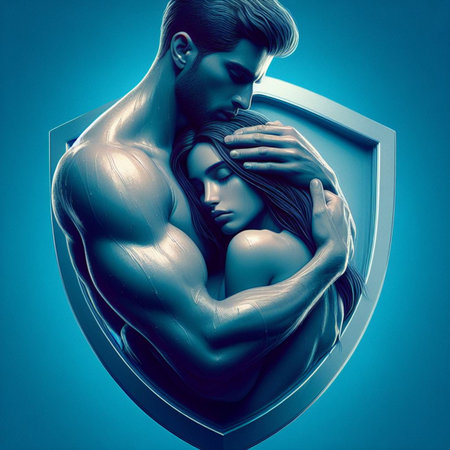 3D Illustration of a beautiful couple hugging each other in the shape of a shieldの素材