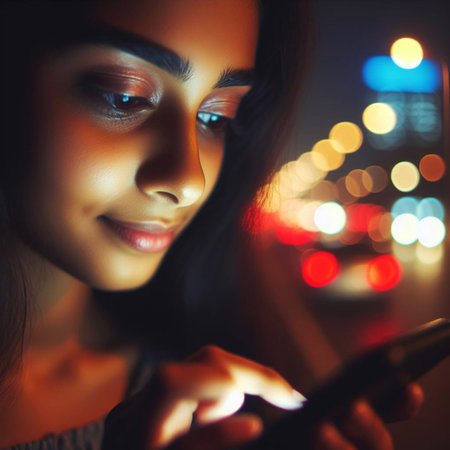 Young woman with mobile phone in the city at night. Close-up.の素材