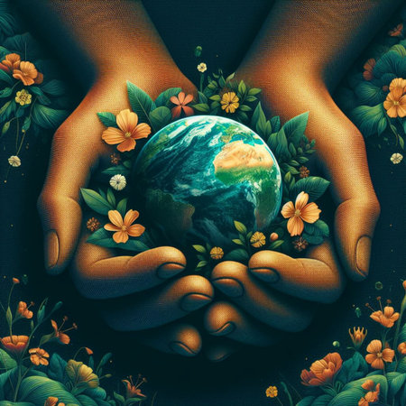 Hands holding planet earth with flowers on dark background. 3d illustrationの素材