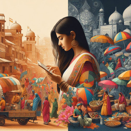 Digital painting of Indian woman using a tablet in the middle of Indiaの素材