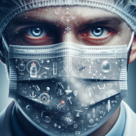 Scientist in protective suit and mask with medical icons on virtual screenの素材