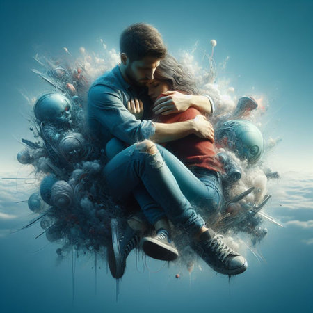 Couple in love sitting on a cloud in the sky. Love conceptの素材