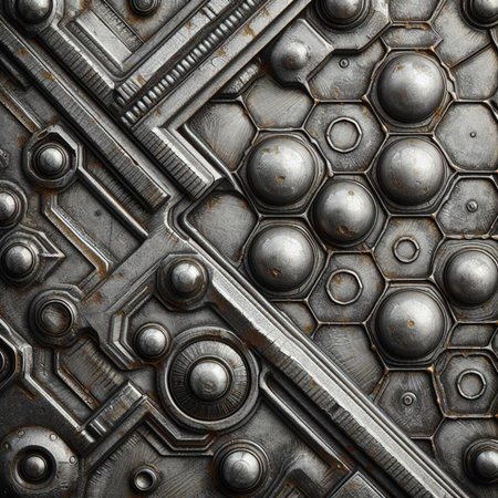 iron background with rivets and metal elements. 3d illustration.の素材