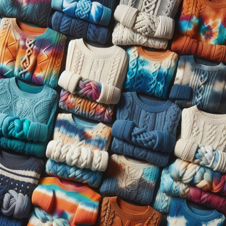colorful knitted wool sweaters as background, closeup of photoの素材