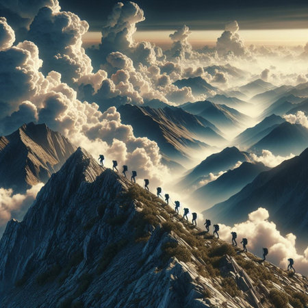 3D illustration of a group of people walking on top of a mountainの素材