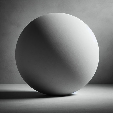 3d rendering of a white sphere on a gray background with shadowの素材