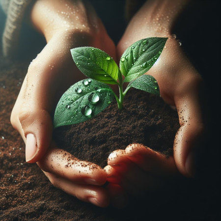Hands holding green sprout with water drops. Ecology concept.の素材
