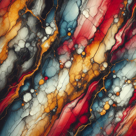 Abstract background of marbleized in red, orange and blue tones.の素材