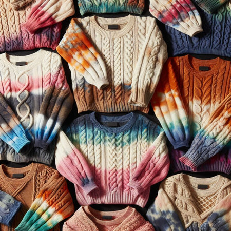 Colorful knitted sweaters background. Flat lay, top view.の素材