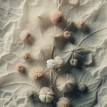 floral background with white flowers and leaves, vintage toned imageの素材