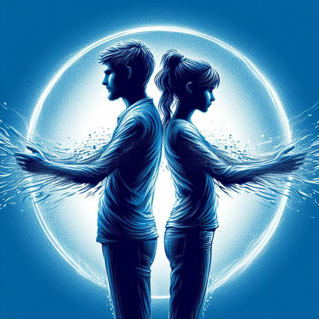 Silhouette of a man and a woman on a blue backgroundの素材