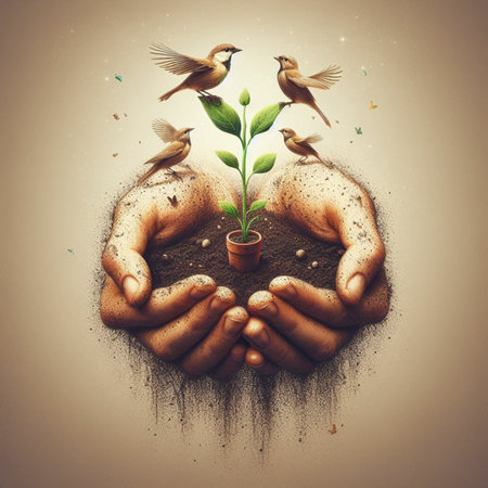 Human hands holding green plant with flying birds on it. Ecology conceptの素材