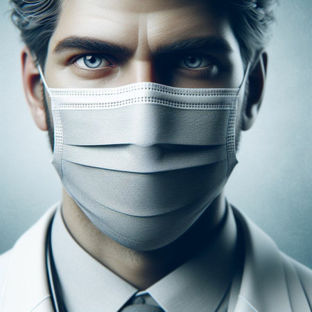 Portrait of young handsome doctor in medical mask. Studio shot.の素材