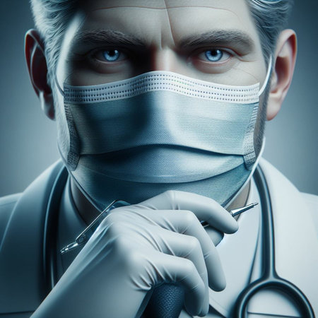 Portrait of a handsome doctor in a medical mask and gloves.の素材