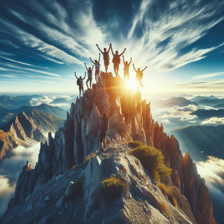 Group of people on top of the mountain. Conceptual image.の素材