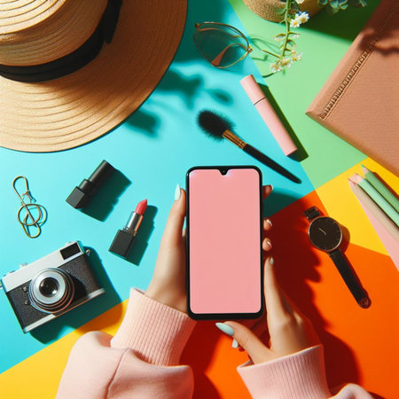 Top view of female hands holding smartphone with blank screen, camera, sunglasses, hat and cosmetics on colorful backgroundの素材
