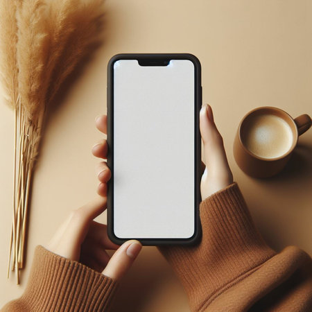 Woman holding smartphone with blank screen on beige background, mockupの素材