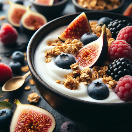 Yogurt with granola and berries in bowl, closeupの素材
