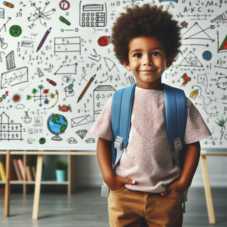 Portrait of a cute african american schoolboy in classroomの素材