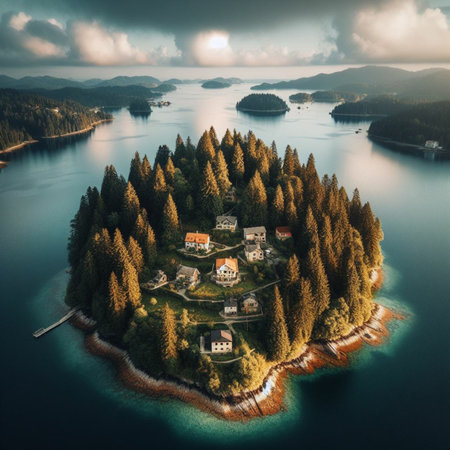 Aerial view of Lake Bled in Slovenia at sunset, Europe.の素材