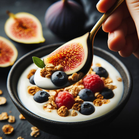 Healthy breakfast - yogurt with granola and fresh figs.の素材