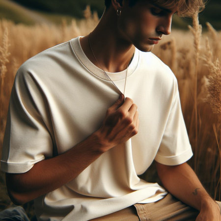 Handsome young man in a wheat field. Fashion shot.の素材