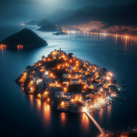 Aerial view of the old town of Sorrento at nightの素材