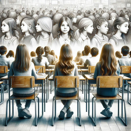 Back view of a group of young people sitting in a row in a classroomの素材
