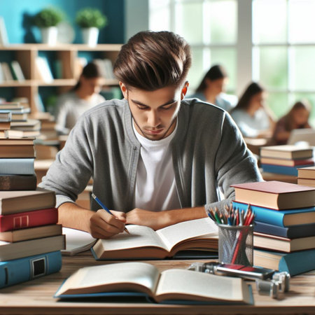 Young male student preparing for exams in college library. Education and learning conceptの素材