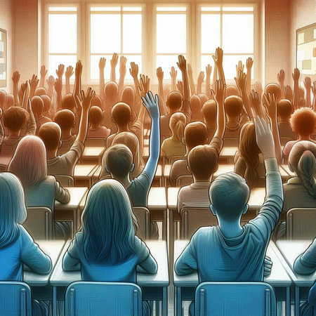 Back view of a group of people raising their hands in a classroomの素材