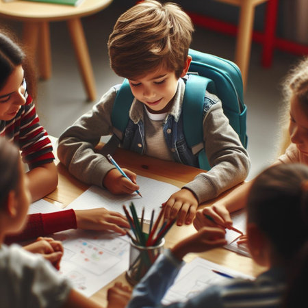 Group of children drawing with pencils while sitting at table in classroomの素材