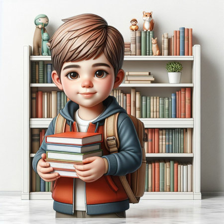 Cute little boy with books in his hands. 3d rendering.の素材