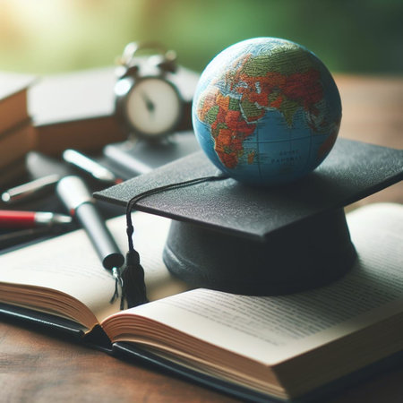 Globe with graduation cap and books on wooden table, education conceptの素材