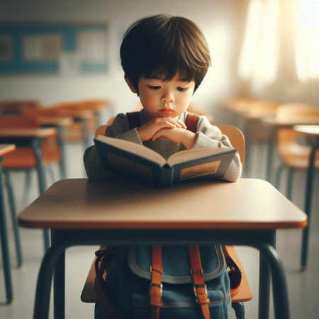 Cute asian boy reading a book in classroom, education conceptの素材