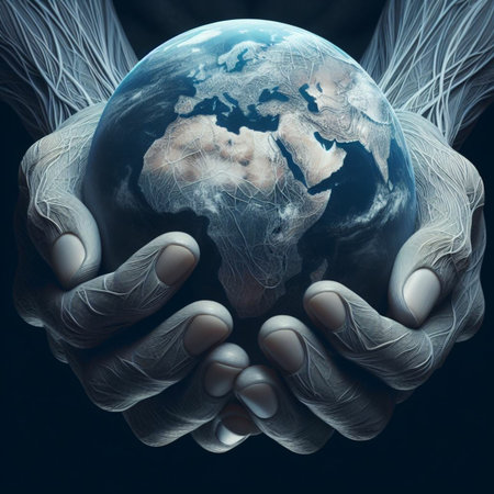 Hands in gloves holding our planet earth. Elements of this image furnished by NASAの素材