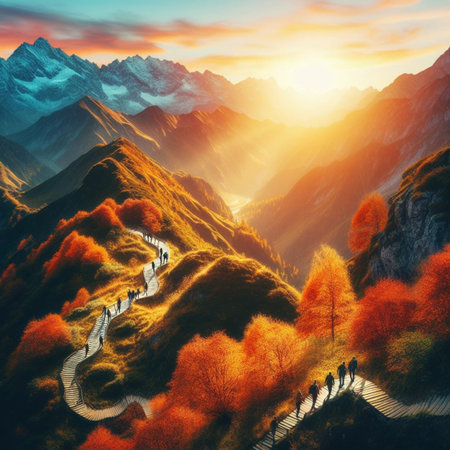 Beautiful autumn landscape in the mountains. The road to the top of the mountain.の素材